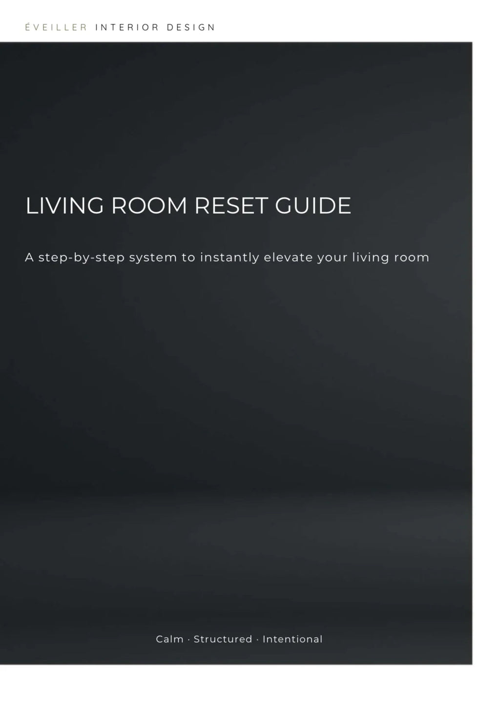 Living Room Reset Guide cover with minimalist black background, modern white text, and design branding