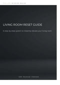 Living Room Reset Guide cover with minimalist black background, modern white text, and design branding